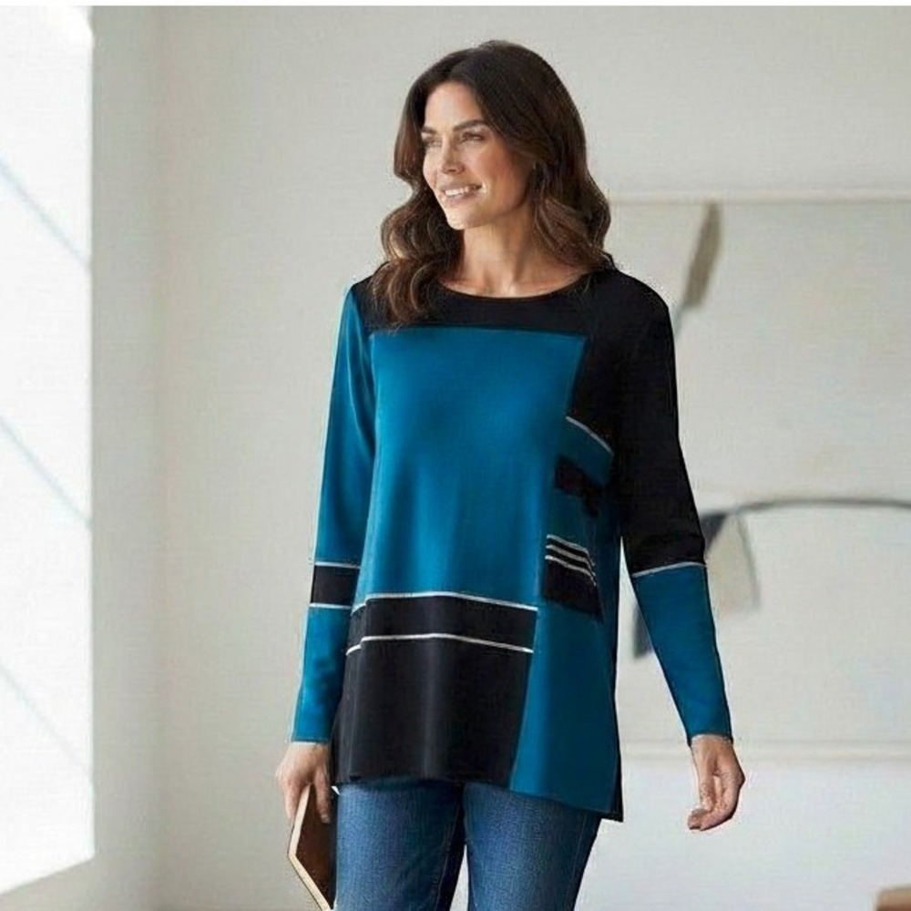 Misook Blue Black Geometric Colorblock Knit Tunic Top Small Long Sleeve Crewneck
